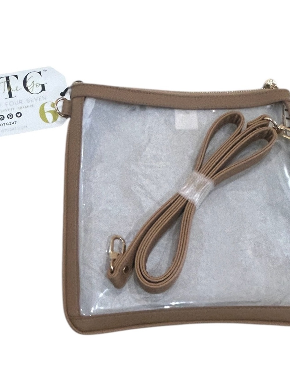 NWT On the go OTG247 Clear Crossbody Bag Tan Trim Adjustable Strap gold zip pull - Picture 2 of 8